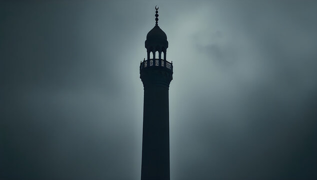 Silhouette of a tall mosque minaret against a stormy sky illustration