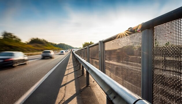 metal noise barrier along highway with blurred cars in background