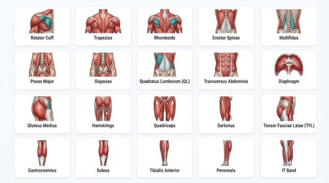 Various muscle groups important for understanding sports injuries and human physiology. It highlights key muscles.