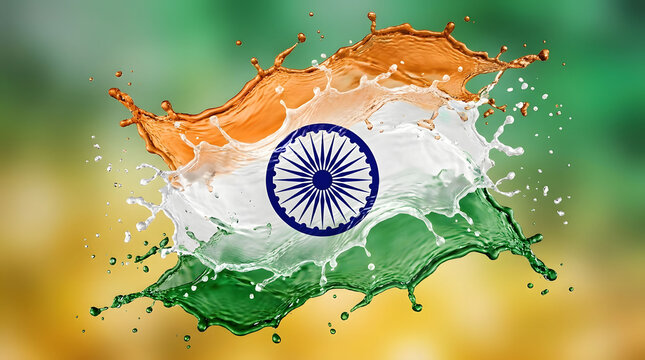 Indian flag represented by dynamic saffron white and green liquid splashes with ashoka chakra