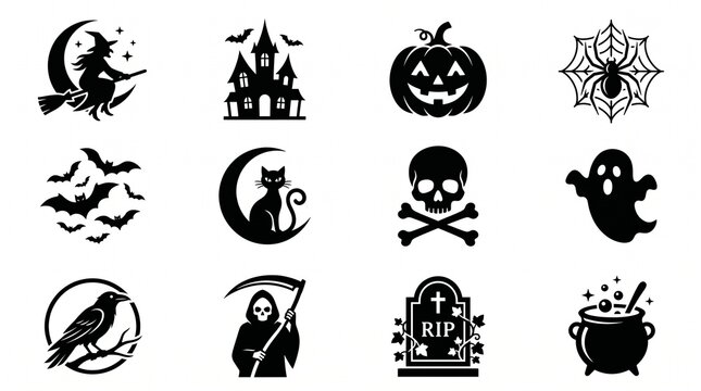 Here are some types of Halloween-themed icons or logos that have been edited in vector silhouette form.