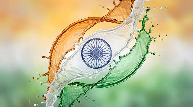 Indian national flag concept created with saffron white and green liquid splashes and ashoka chakra