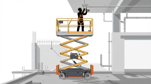 Workers are on a scissor lift to install equipment at a construction site. They focus on safety while working at an elevated height.