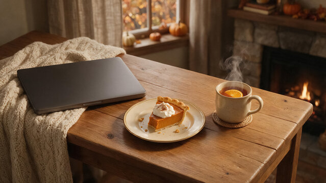 Cozy autumn workspace with laptop, slice of pumpkin pie, and hot steaming tea on a wooden table near a fireplace