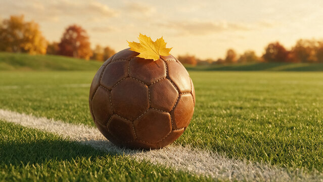 Vintage leather soccer ball with a yellow autumn leaf on a green sports field during golden hour