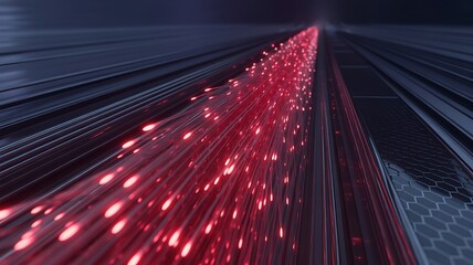 Fototapeta premium Futuristic fiber optic corridor with glowing red communication pathway, idea for high speed network infrastructure background 