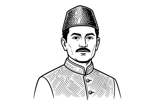 Man wearing traditional headwear and patterned suit is rendered in vintage engraving style.