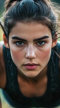 A young lady with vibrant blue eyes and a neutral expression. She appears focused on the camera, possibly in an outdoor setting.