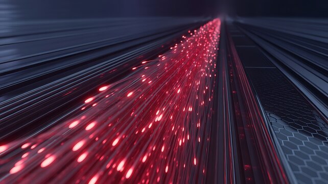 Futuristic fiber optic corridor with glowing red communication pathway, idea for high speed network infrastructure background 