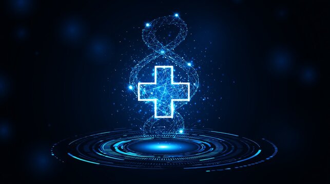 Glowing medical plus sign symbol rendered with blue digital dna helix connections featuring intricate nodes and light particles for healthcare