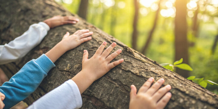 Learning about the environment and nature conservation with several kids placing their hands on tree trunks in the forest in the morning sunlight