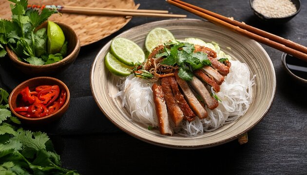 delicious vietnamese bun cha with grilled pork fresh herbs and rice noodles served on a rustic plate