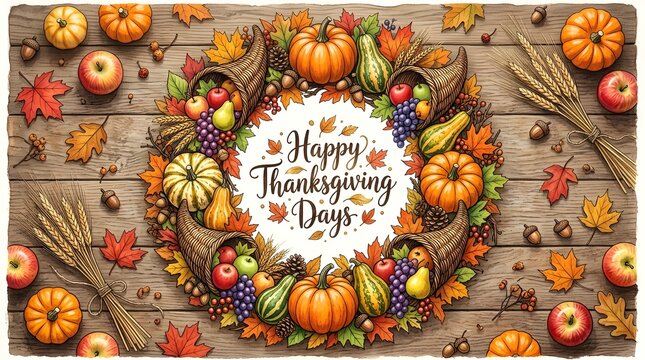 Autumn harvest wreath with pumpkins and Happy Thanksgiving sign on rustic wooden table