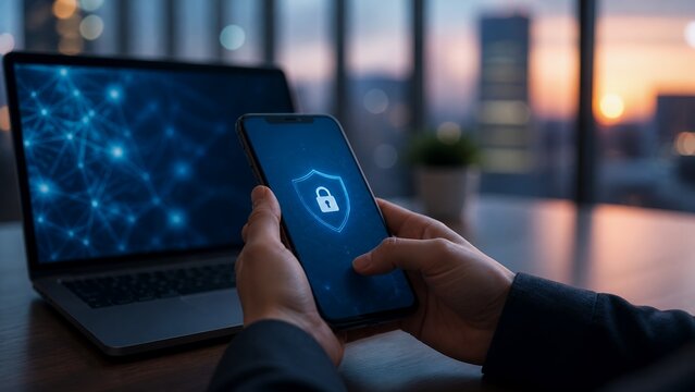 Secure Login Phone With Laptop In Modern Office