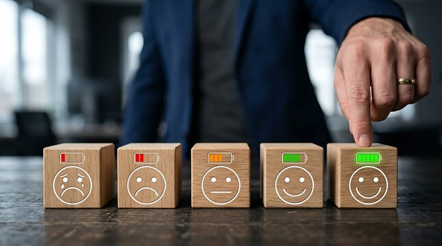 Businessman choosing a positive customer satisfaction rating on wooden mood blocks