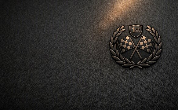 Panoramic dark charcoal‑grey matte leather background with rich texture and dramatic lighting. On the far right side, vertically centered, is a deeply debossed racing championship crest.