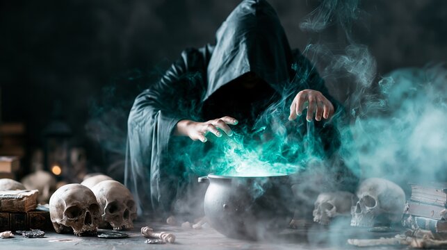 Dark wizard casting magic spell over glowing cauldron in ancient room with skulls and old books, fantasy concept