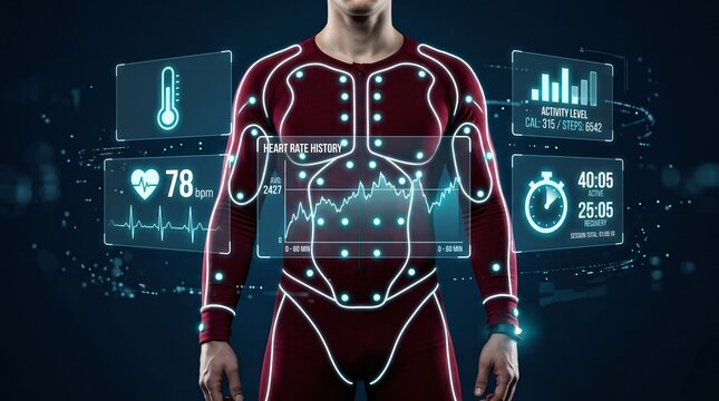 Futuristic smart suit with biometric HUD interface, athlete wearing high-tech compression gear with digital health tracking data displays