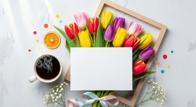 Colorful tulips bouquet with blank card and coffee