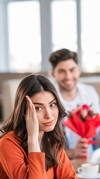 Young woman feeling awkward on a date, reacting with discomfort to the man bringing flowers in a cafe