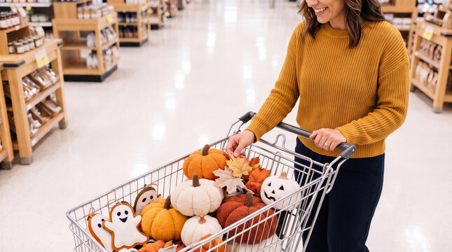 Woman shopping for Halloween decorations with a cart filled with pumpkins, ghost ornaments, autumn leaves, and seasonal merchandise in a retail store
