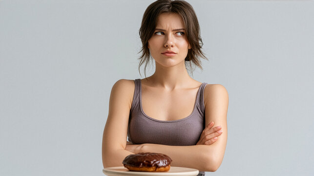 A beautiful young woman standing in a clean minimalist studio with her arms crossed, staring thoughtfully at a delicious chocolate glazed donut placed on a simple pedestal in front of her