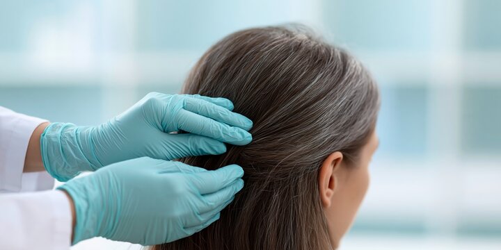Doctor examining scalp of mature woman