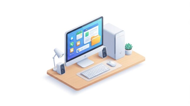 Modern desk setup featuring computer monitor, keyboard and accessories on a wooden workspace.