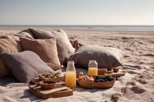 Fresh juice and simple breakfast fare set out for a seaside picnic in the gentle morning light