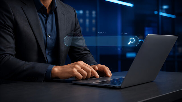 A businessman using a modern laptop computer to search for corporate data and online information through a digital glowing search bar interface