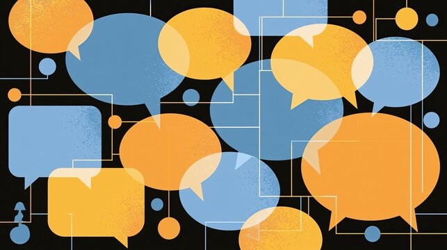 Textured speech bubbles in blue and orange connect with thin geometric lines creating a vibrant digital networking pattern design illustration