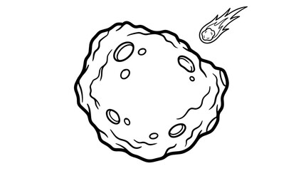 Cartoon asteroid with craters and a small comet trailing fire, isolated on a white background, simple line art illustration © risma