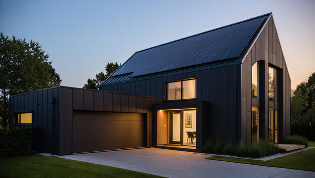Minimalist dark modern house with solar panels at dusk real estate eco friendly minimalist