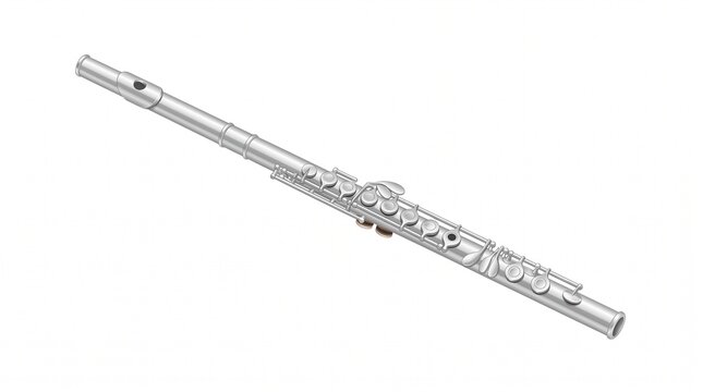 Silver metal flute musical instrument isolated on a white background, classic wind woodwind