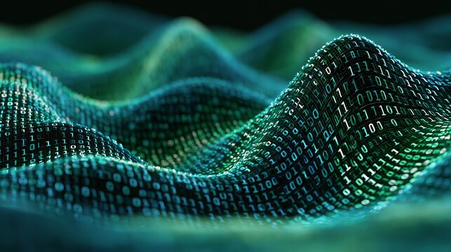 Glowing green binary code digits form complex digital landscape waves with high depth of field and sharp cinematic lighting effects