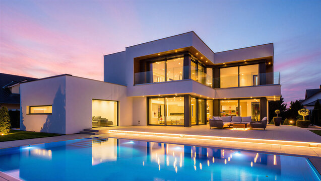 Contemporary mansion with swimming pool at sunset real estate swimming architecture exterior