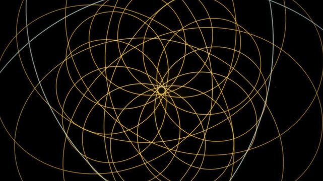 Intricate geometric pattern of overlapping golden circles against black background