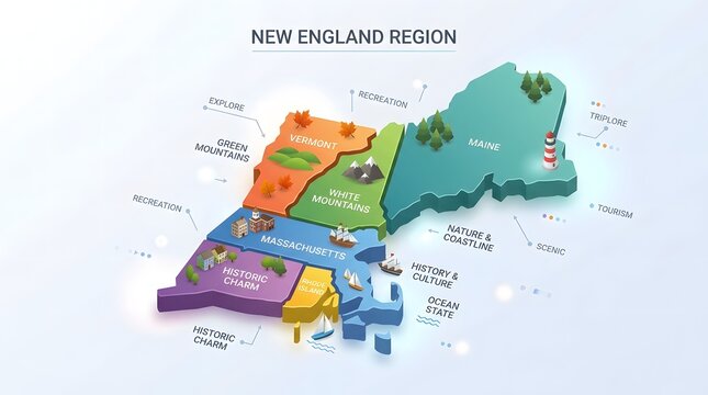 Vibrant modern map of New England featuring colorful state regions and geographic labels, suitable for travel marketing, education, tourism, presentations, and regional analysis.