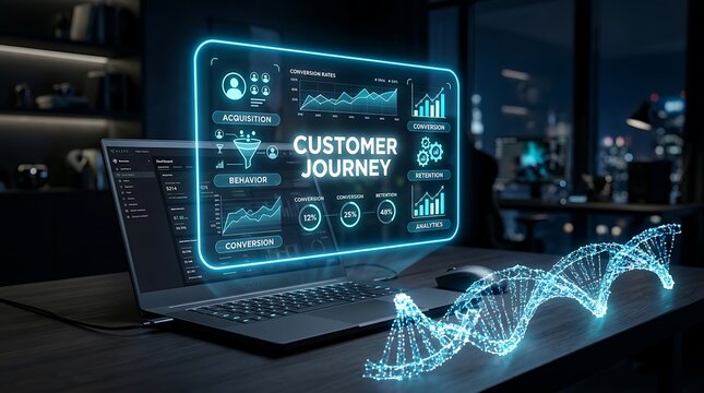 Digital customer journey visualization on a futuristic computer screen with glowing data charts and marketing analytics interface display