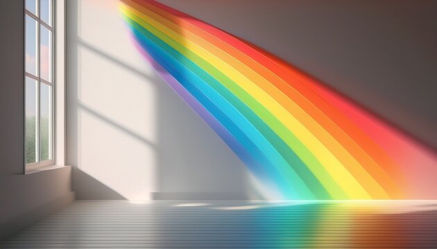 rainbow shadow white wall window light sunlight prism effect colorful spectrum minimal interior calm mood bright room with