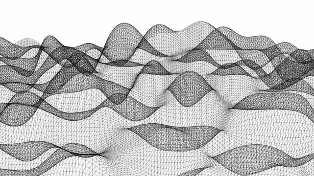 Wireframe terrain waves undulate across a minimal white background in a high-tech 3D render ideal for data visualization and modern presentation headers