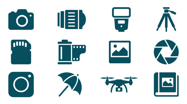 Professional photography and camera equipment icon set.