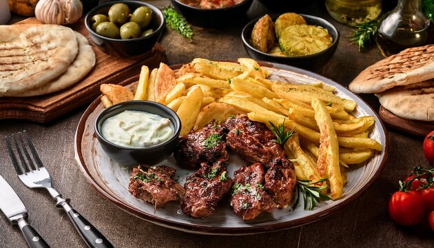 mediterranean feast grilled meat french fry pita bread yogurt sauce olive rustic table with herbs cozy mood