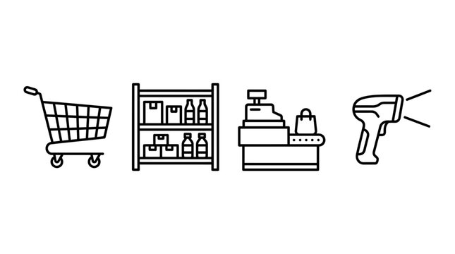 Retail shopping and grocery store checkout line icons.