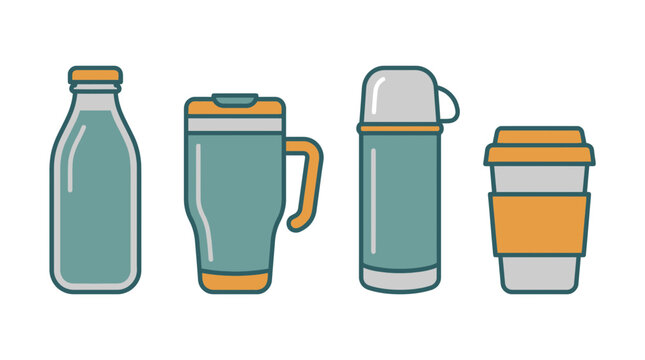Reusable water bottle and coffee mug icon set