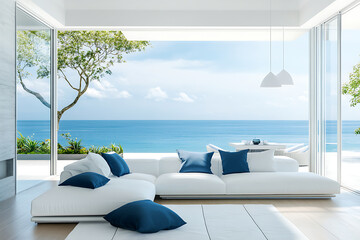 Fototapeta premium Modern Luxury Living Room with Panoramic Ocean View and Elegant Interior.