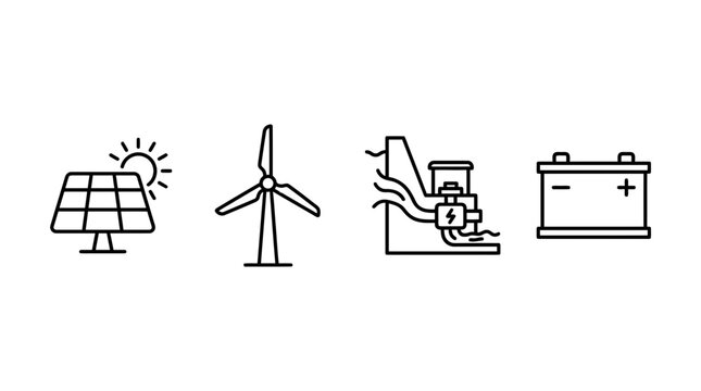 Sustainable renewable energy icons including solar and wind.
