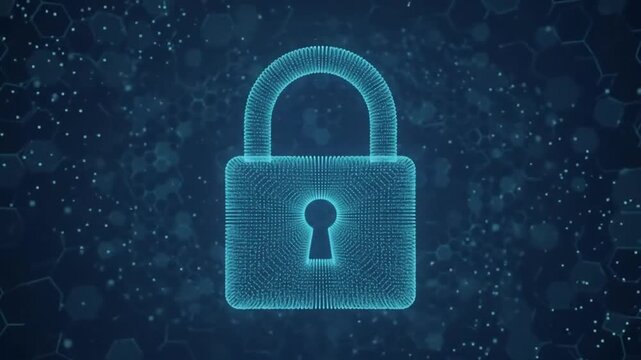 Digital particle stream spiraling to form glowing padlocked security icon over dark blue futuristic network grid for cyber safety and data protection animation