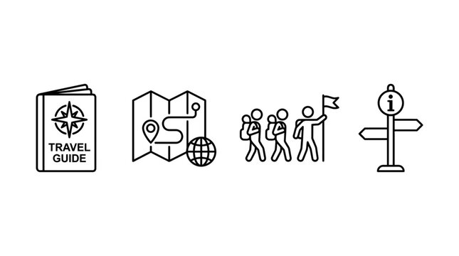 Tourism travel planning and outdoor adventure line icons.