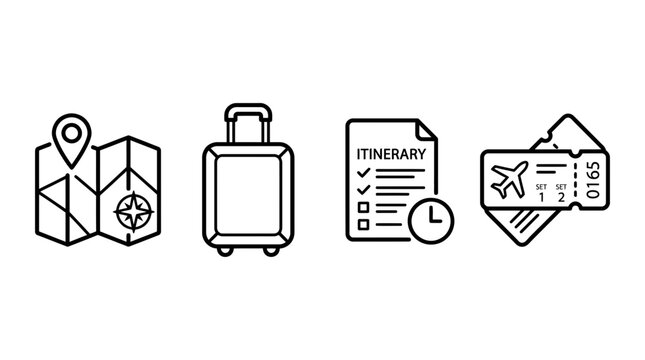 Travel planning line icons with map and luggage.